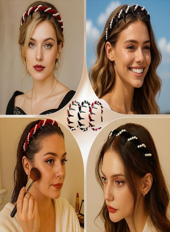 tebazoew Vintage High Cranium Artificial Pearl Hairband, Elegant Braided Pearls Headbands with Teeth, Bridal Hair Hoop Rhinestones for Women, Wedding Party Hair Hoop Band Headwear for Bride(3 pcs) - Image 3